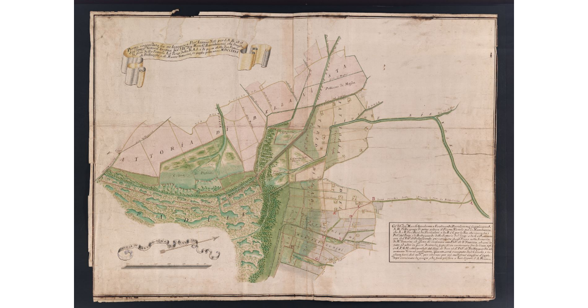 Pianta concordata fra me ingegniere Pier'Antonio Tosi per S.A.R., ed il Sig.r Ingeg.re Vettorio Anastagi per l'Ill.mo Sig.r March.e Bartolommei, che dimostra lo stato della Fattoria del Terzo della R.A.S. e di parte delle due Fattorie di Bellavista, e di Monte-Vetturini in questo presente anno MDCCXXXV
