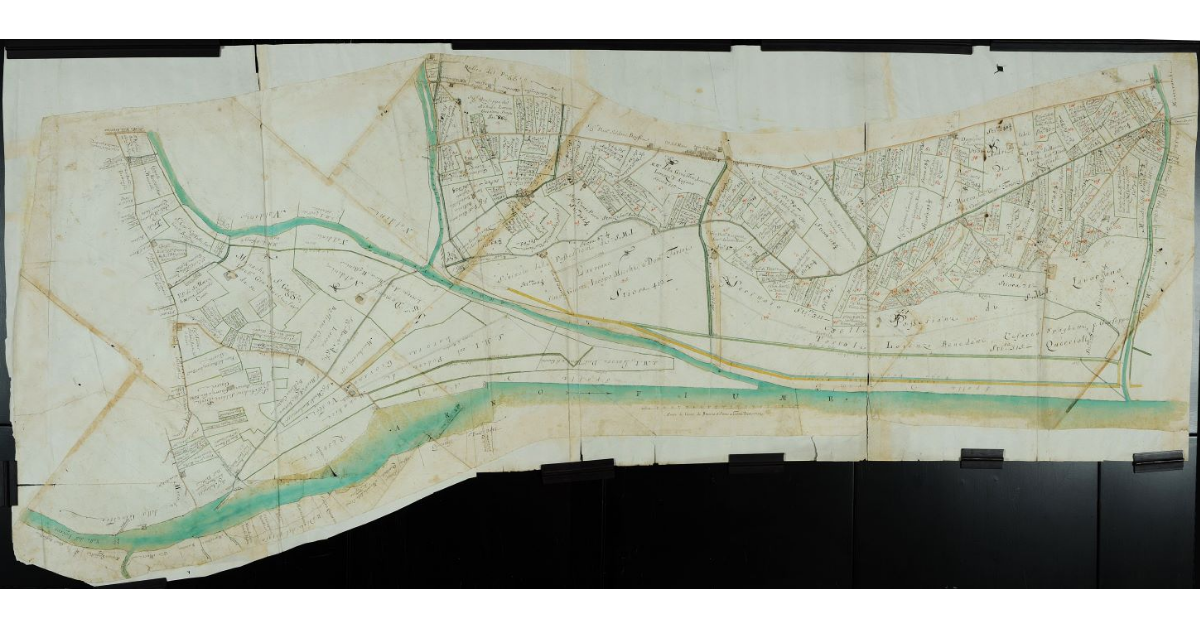 Pianta della Pianura che resta tra il Fiume Arno nel Valdarno di Sopra, Borro di Capo Selvi, Strada Mra. Aretina, e Borro della Dogana della Fattoria di Montevarchi, fatta da me Antonio Falleri, d'ordine del Sig. Cav. Sanfedoni Sprintend.te dell'Imperiale Scrittoio