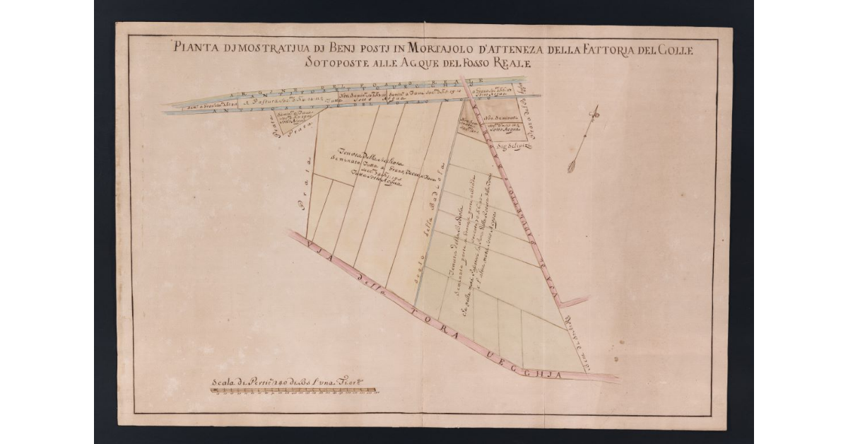Pianta dimostrativa di Beni posti in Mortaiolo d'attenenza della Fattoria del Colle Sotoposte alle Acque del Fosso Reale