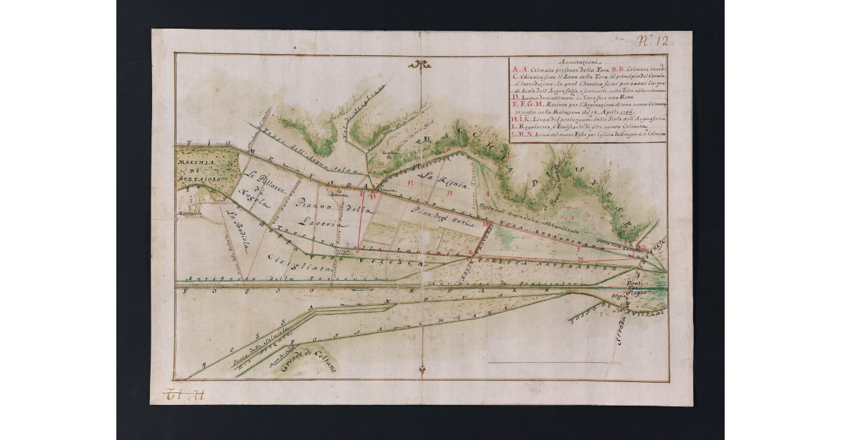 [Pianta di una porzione della fattoria di Collesalvetti nelle adicenze del fiume Tora e del fosso Reale]