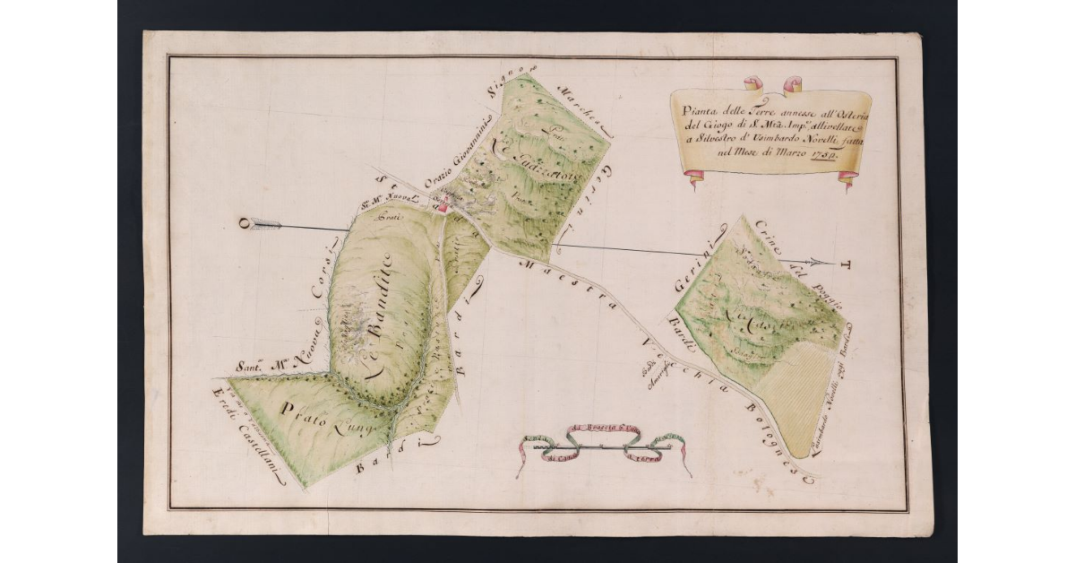 Pianta delle Terre annesse all'Osteria del Giogo di S. Mta. Imp.e, allivellate a Silvestro d'Usimbardo Novelli, fatta nel Mese di Marzo 1752