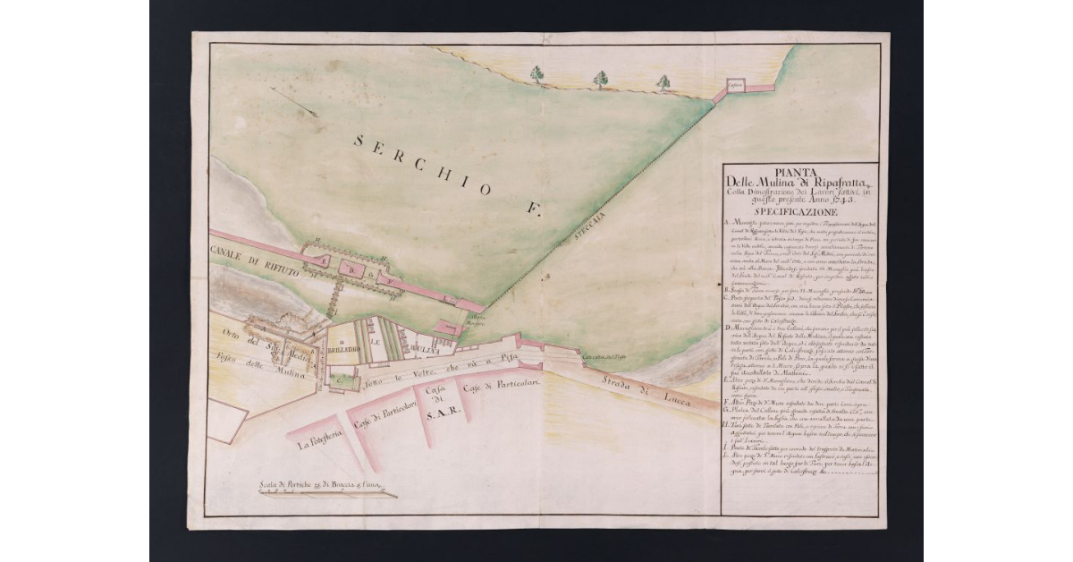 Pianta delle Mulina di Ripafratta colla Dimostrazione dei Lavori fattivi in questo presente Anno 1743