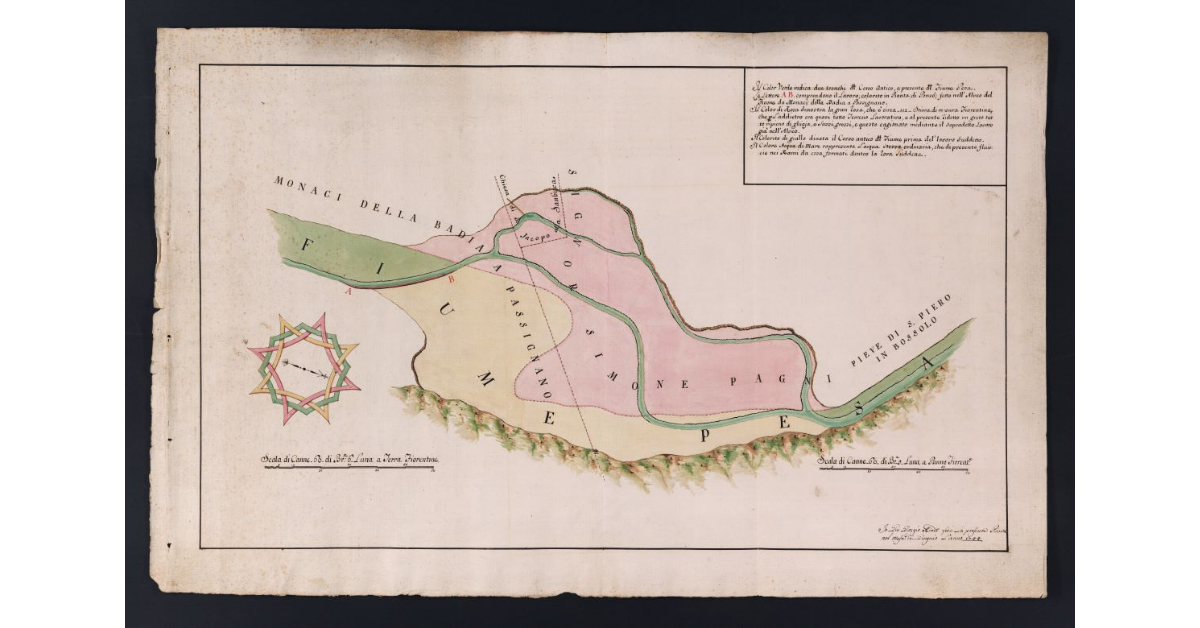 [Pianta di un tronco del fiume Pesa che mostra una corrosione presso la Pieve di S. Piero in Bossolo]