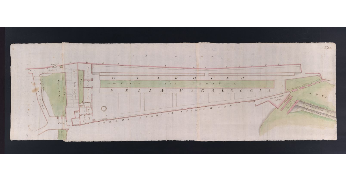 [Pianta del Giardino della Vagaloggia di Firenze con mulini e pescaie adiacenti]