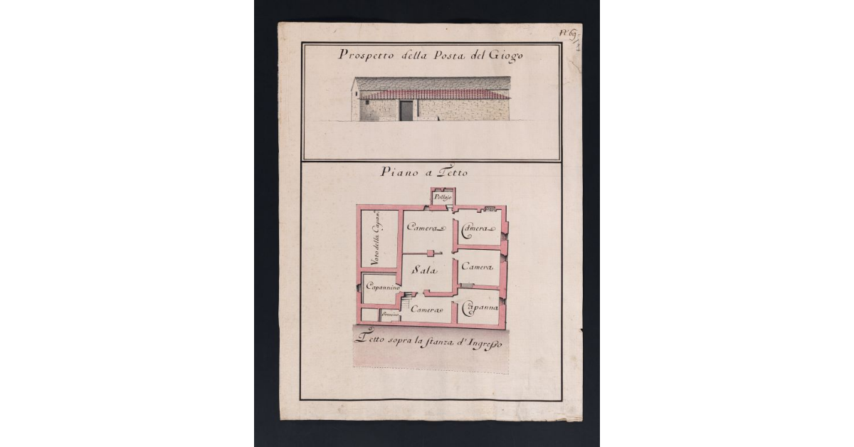 [Prospetto e pianta del piano a tetto della posta del Giogo]