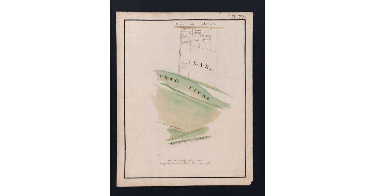 [Pianta del corso dell'Arno relativa al progetto di un mulino da farsi sotto lo sbocco del fosso dell'Anconcella]