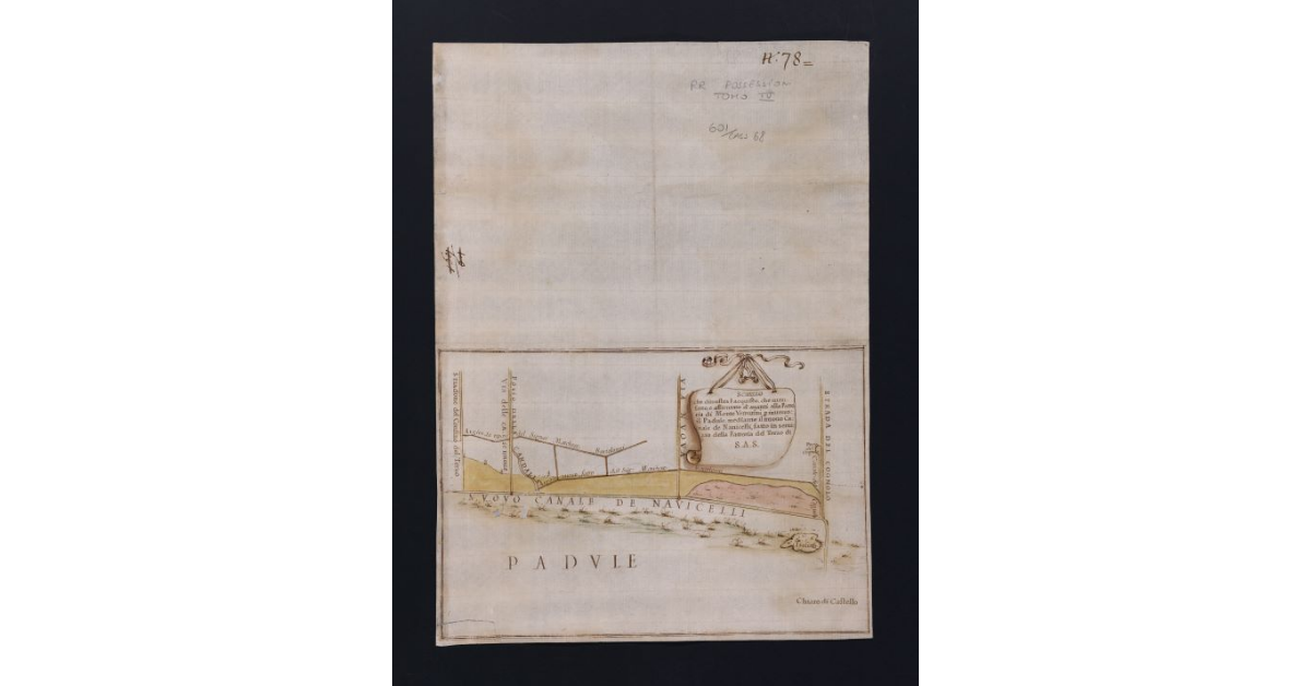 Schizzo che dimostra l'acquisto, che vien fatto, e assicurato d'avanti alla Fattoria di Monte Vetturini per inverso il Padule, mediante il nuovo canale de' Navicelli, fatto in servizio della Fattoria del Terzo di S.A.S