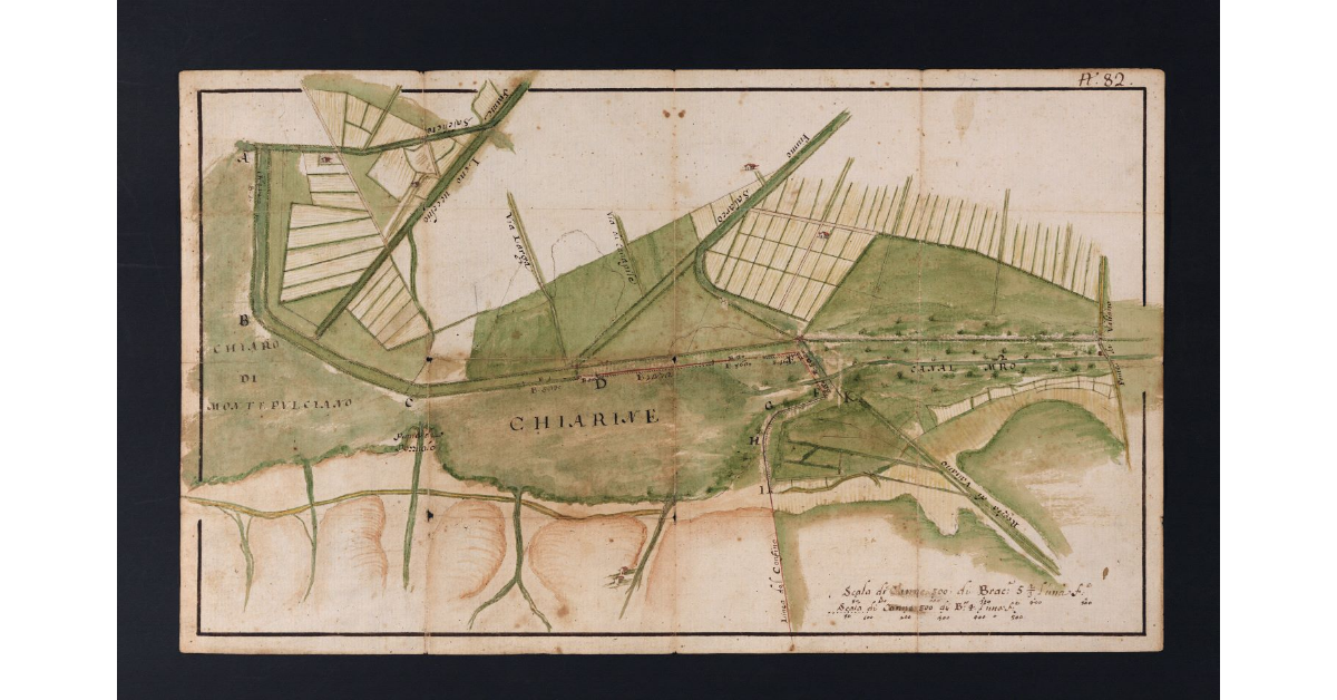 [Pianta di parte della Val di Chiana tra il Ponte di Valiano, il chiaro di Chiusi e di Montepulciano]