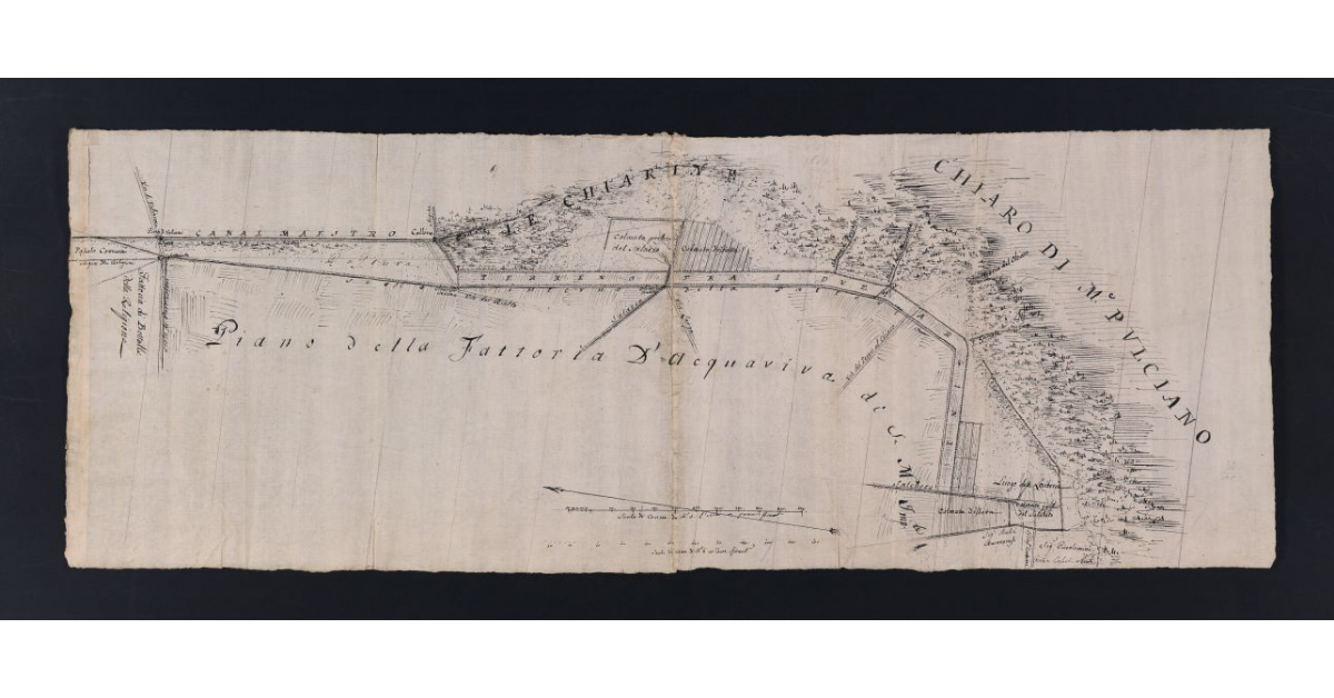 [Pianta della Valdichiana fra il ponte di Valiano, il chiaro di Chiusi e Montepulciano e la Fattoria di Acquaviva]