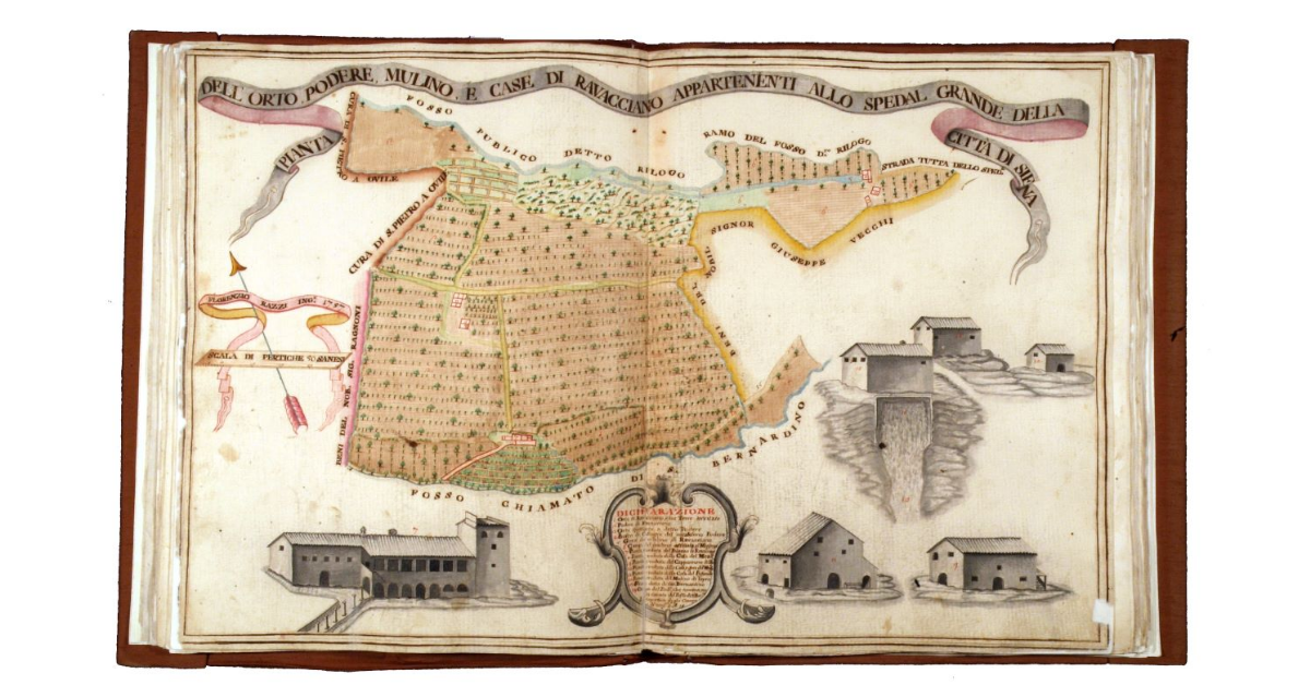 Pianta dell'orto, podere, mulino e case di Ravacciano appartenenti allo Spedale Grande della città di Siena