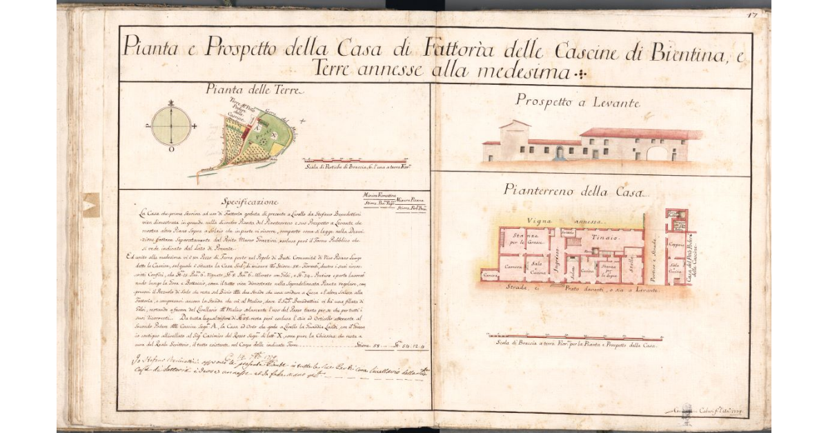 Pianta e Prospetto della Casa di Fattoria delle Cascine di Bientina, e Terre annesse alla medesima