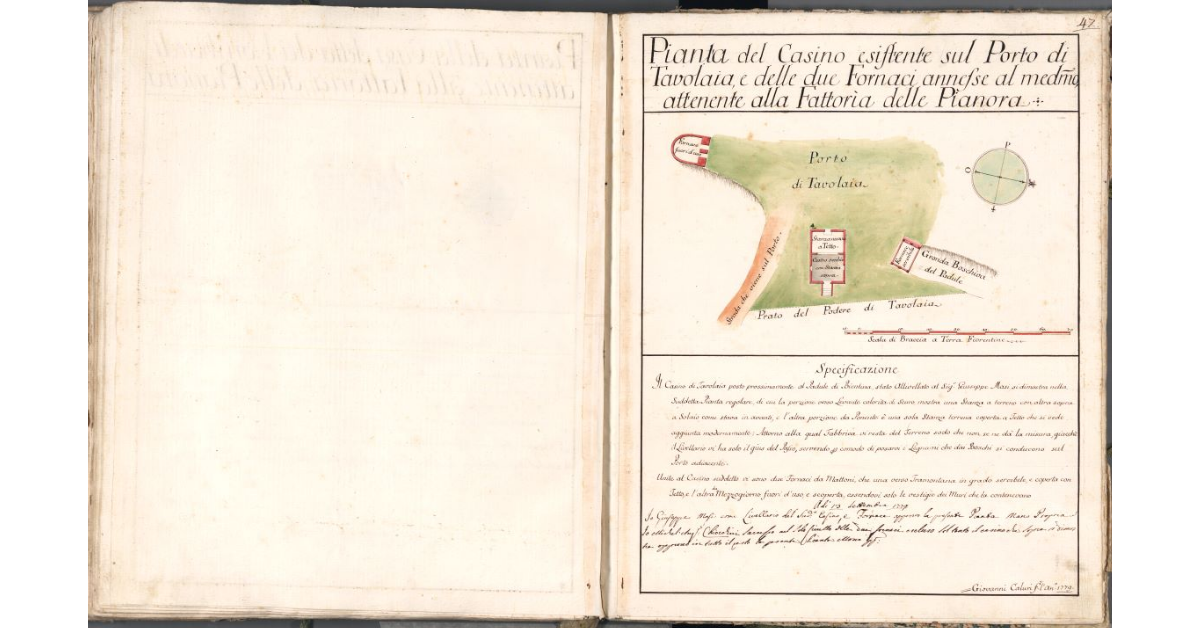Pianta del Casino esistente sul Porto di Tavolaia, e delle due fornaci annesse al medesimo, attenente alla Fattoria delle Pianora