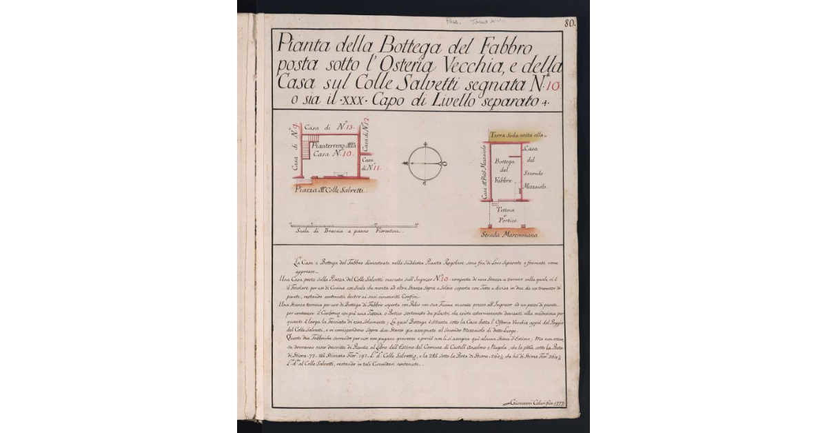 Pianta della Bottega del Fabbro posta sotto l'Osteria Vecchia, e della Casa sul Colle Salvetti segnata N. 10 o sia il XXX Capo di Livello separato