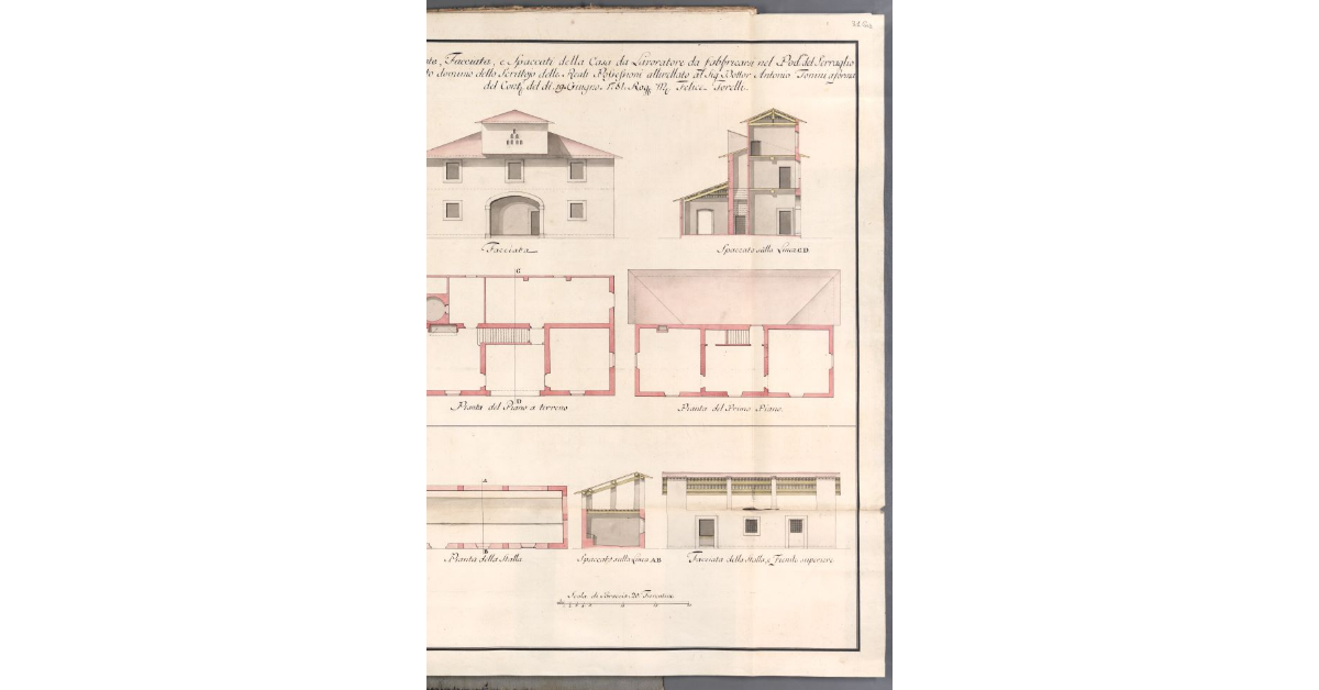Piante, Facciata, e Spaccati della casa da Lavoratore da fabbricarsi nel Podere del Serraglio di diretto dominio dello Scrittoio delle Reali Possessioni allivellato al Sig. Dottor Antonio Tonini a forma del Cont. del dì 19 Giugno 1781 Rog. M. Felice Torelli