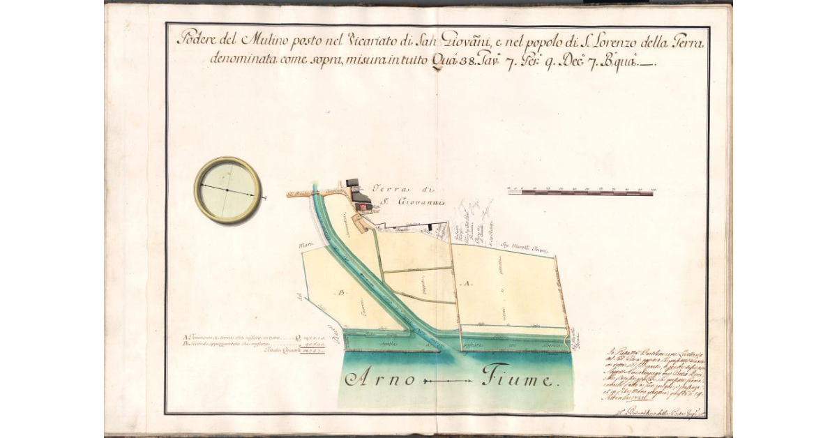 Podere del Mulino posto nel Vicariato di San Giovanni, e nel popolo di S. Lorenzo della Terra denominata come sopra, misura in tutto Qua. 38. Tav. 7. Per. 9. Dec. 7. B. qua