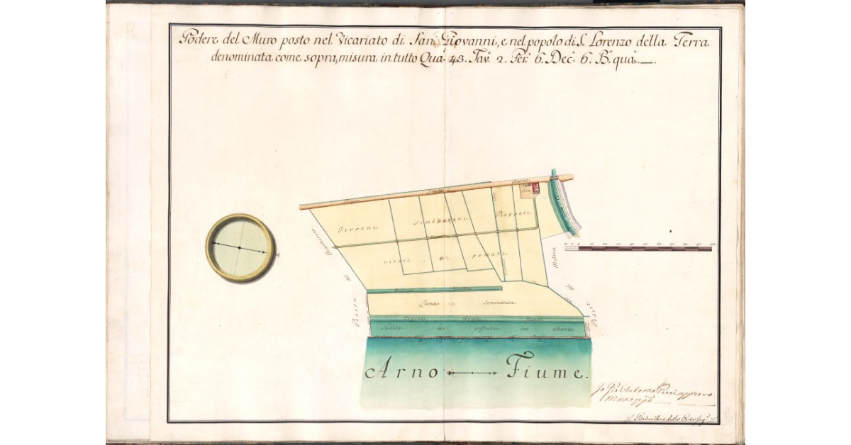 Podere del Muro posto nel Vicariato di San Giovanni, e nel popolo di S. Lorenzo della Terra denominata come sopra, misura in tutto Qua. 43. Tav. 2. Per. 6. Dec. 6. B. qua