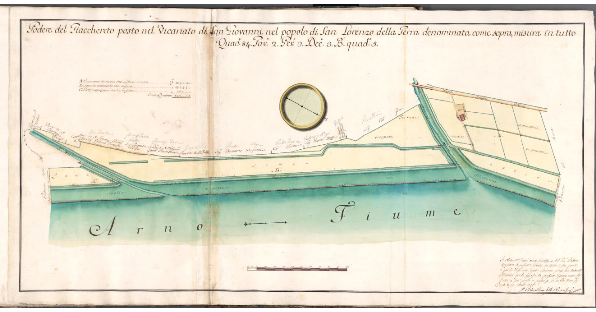 Podere del Fiacchereto posto nel Vicariato di S. Giovanni nel Popolo di S. Lorenzo della Terra denominata come sopra, misura in tutto Quad. 84. Tav. 2. Per. 0. B. quad. 5