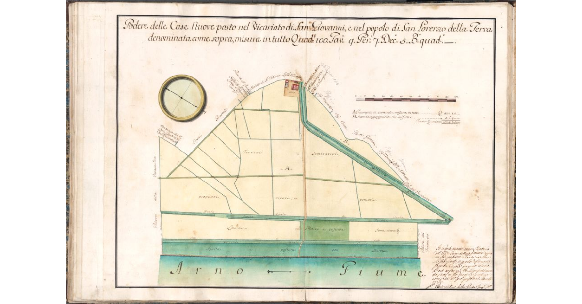 Podere delle Case Nuove posto nel Vicariato di San Giovanni, e nel popolo di S. Lorenzo della terra denominata come sopra, misura in tutto Quad. 100. Tav. 9. Per. 7. Dec. 5. B. quad