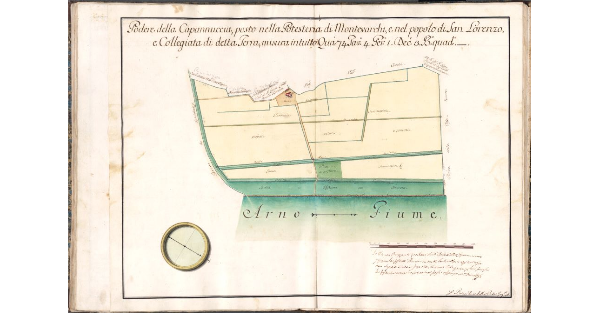 Podere dell Capannuccia, posto nella Potesteria di Montevarchi, e nel popolo di San Lorenzo, e Collegiata di detta Terra, misura in tutto Qua. 74. Tav. 4. Per. 1. Dec. 3. B. quad