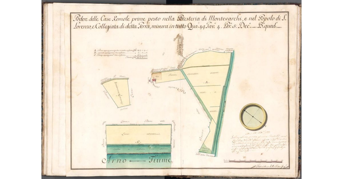 Podere delle Case Romole prime posto nella Potesteria di Montevarchi, e nel Popolo di S. Lorenzo, e Collegiata di detta Terra, misura in tutto Qua. 49. Tav. 4. Per. 5. Dec. . B. qua