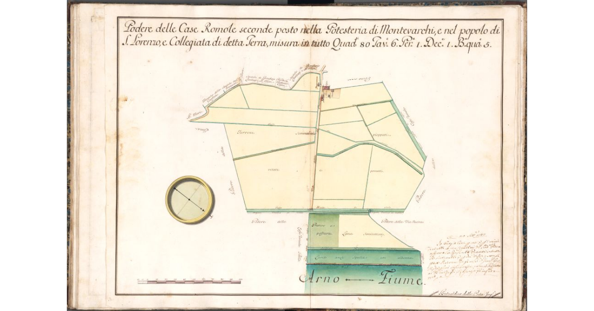 Podere delle Case Romole seconde posto nella Potesteria di Montevarchi, e nel popolo di S. Lorenzo, e Collegiata di detta Terra, misura in tutto Quad. 80. Tav. 6. Per. 1. Dec. 1 B. qua. 5