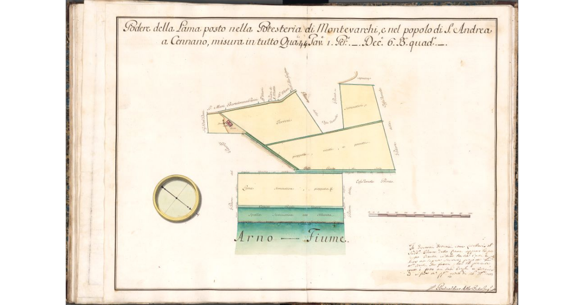 Podere della Lama posto nella Potesteria di Montevarchi, e nel popolo di S. Andrea a Cennano, misura in tutto Qua. 44. Tav. 1. Per. . Dec. 6. B. quad