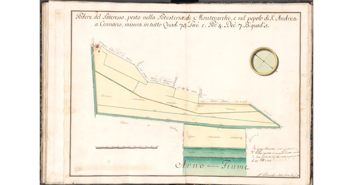 Podere del Pateresso, posto nella Potesteria di Montevarchi, e nel popolo di S. Andrea a Cennano, misura in tutto Quad. 73. Tav. 1. Per. 4. Dec. 7. B. quad. 5