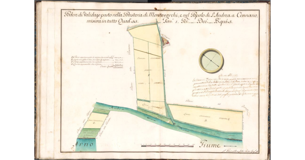 Podere di Validago posto nella Potesteria di Montevarchi, e nel Popolo di S. Andrea a Cennano, misura in tutto Quad. 55. Tav. 1. Per. . Dec. . B. qua. 5
