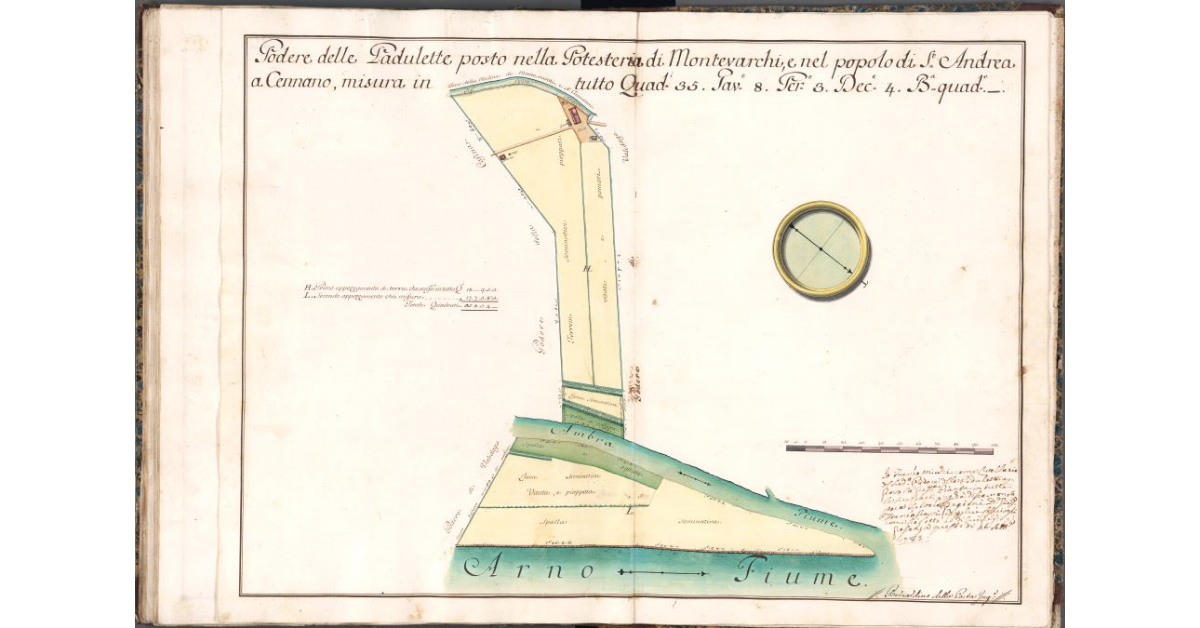 Podere delle Padulette posto nella Potesteria di Montevarchi, e nel popolo di S. Andrea a Cennano, misura in tutto Quad. 35. Tav. 8. Per. 3. Dec. 4. B. quad