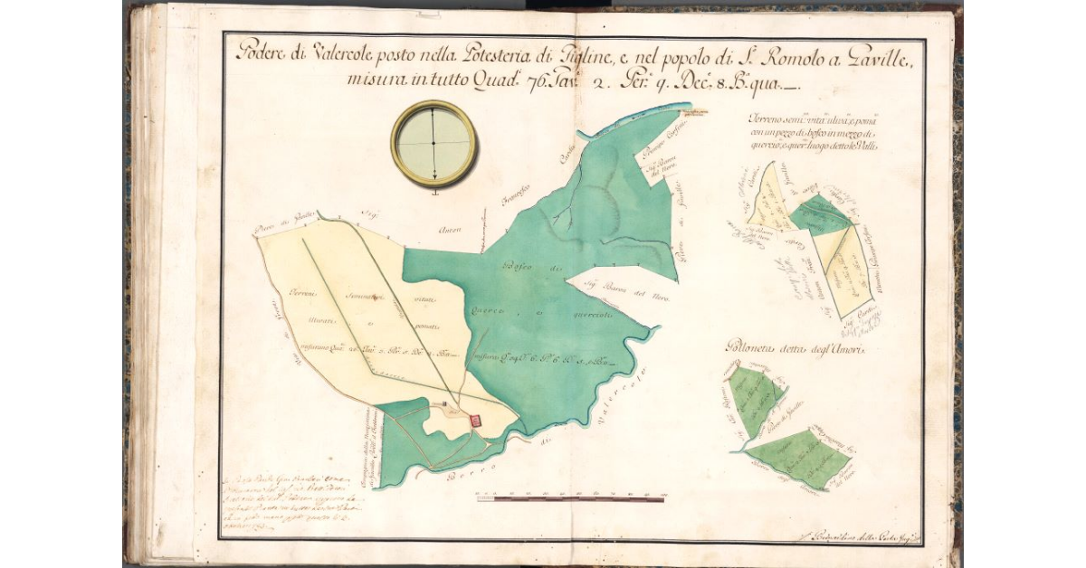 Podere di Valercole posto nella Potesteria di Figline, e nel Popolo di S. Romolo a Gaville, misura in tutto Quad. 76. Tav. 2. Per. 9. Dec. 8. B. qua