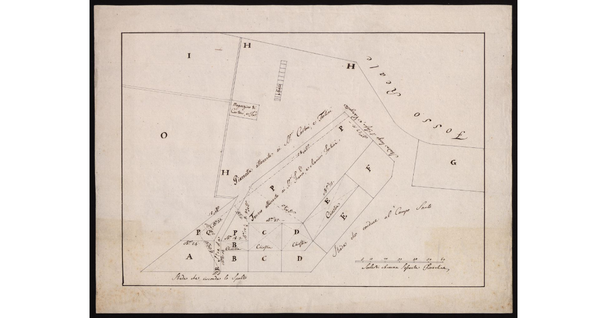 [Pianta della piazza dell'Arme e dei terreni e fabbricati circostanti sul Fosso Reale fuori della Porta a Pisa]