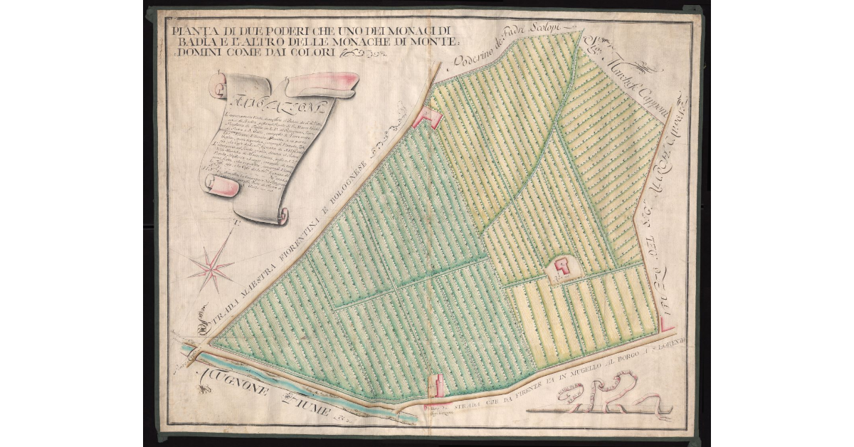 Pianta di due Poderi che uno dei Monaci di Badia e l'altro delle Monache di Monte Domini come dai colori