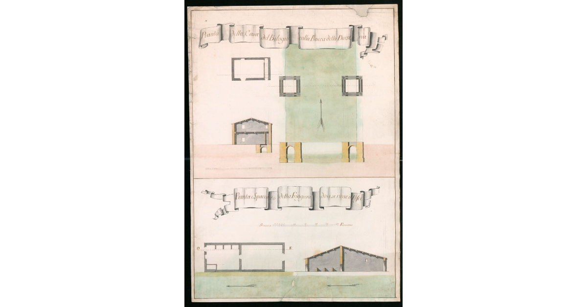 Pianta della casa del Bilogio colla bocca della Darsena [a Castiglione della Pescaia]. Pianta e spaccato della Friggiera dove si riceve il pesce