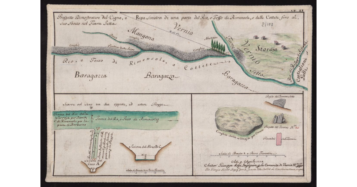 Prospetto dimostrativo del Cigno, o Ripa sinistra di una parte del Rio, o Fosso di Rimensole, o delle Cottete fino al suo sbocco nel Fiume Setta