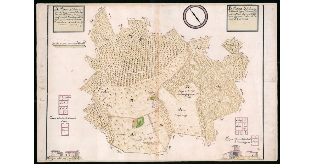 Pianta del podere di Vaiano di Sotto. Pianta del Podere di Vaiano di Sopra posti nel Popolo di S.Bartolomeo a Mangona Potesteria di Barberino di Mugello