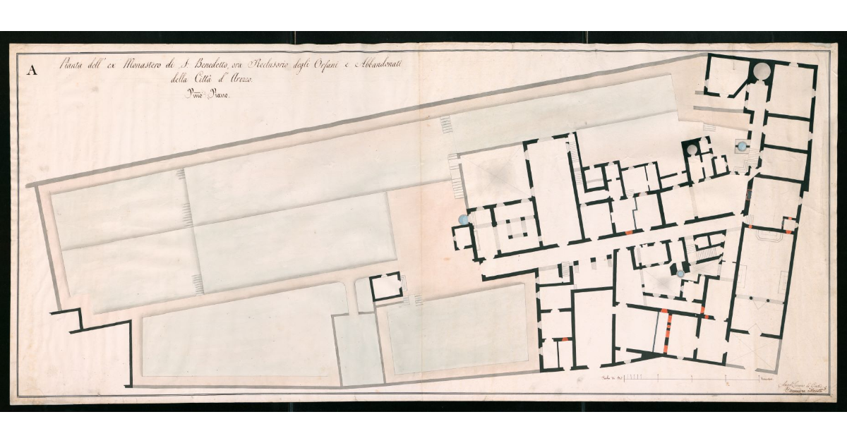Pianta dell'ex Monastero si S.Benedetto, ora Reclusorio degl'Orfani e Abbandonati della Città di Arezzo. Primo piano