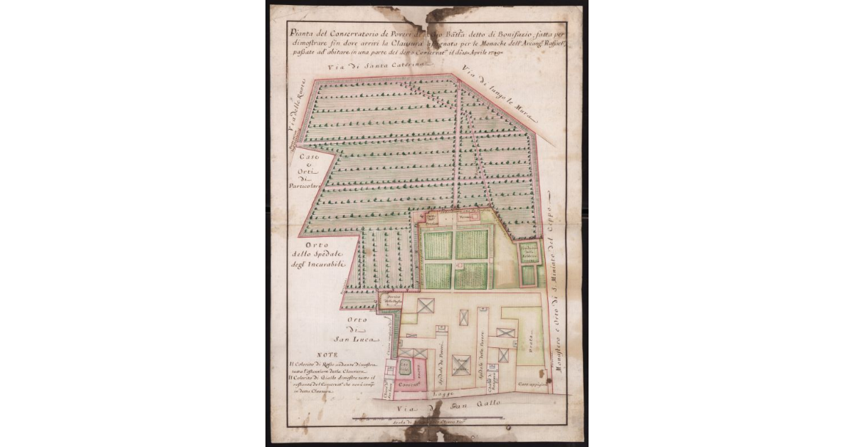 Pianta del Conservatorio de Poveri di S. Giovanni Battista detto di Bonifazio, fatta per dimostrare fin dove arrivi la clausura assegnata per le Monache dell'Arcangelo Raffaello, passate ad abitare in una parte del detto Conservatorio il dì 15 Aprile 1749