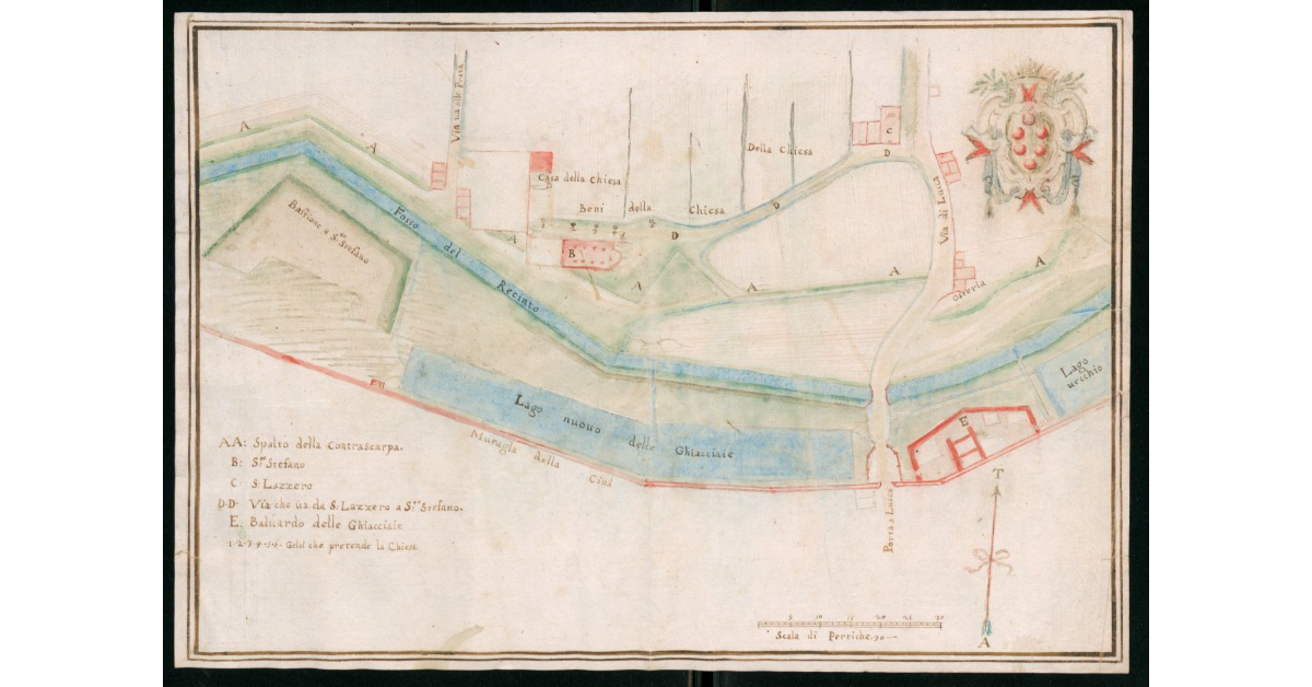 [Cerchia muraria della città di Pisa tra il bastione a S.Stefano e il baluardo delle Ghiacciaie, con al centro la porta a Lucca]