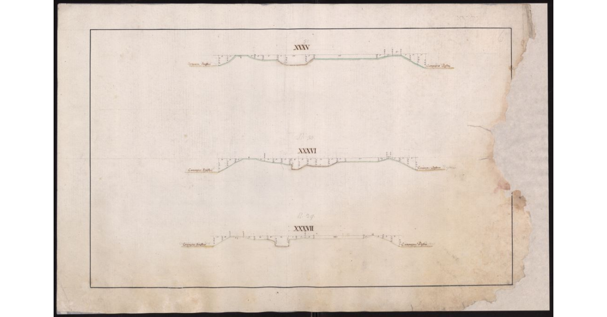 Sezioni delllo Zannone, del Fosso Reale e del Calambrone, che fissano lo stato dell'alveo, degli argini e della campagna adiacente ai nominati Canali, in cui si riducono tutte l'acque del Valdarno Pisano, come era nel tempo della visita generale eseguita nel 1773 dal Dottore Pietro Ferroni Matematico di S.A.R