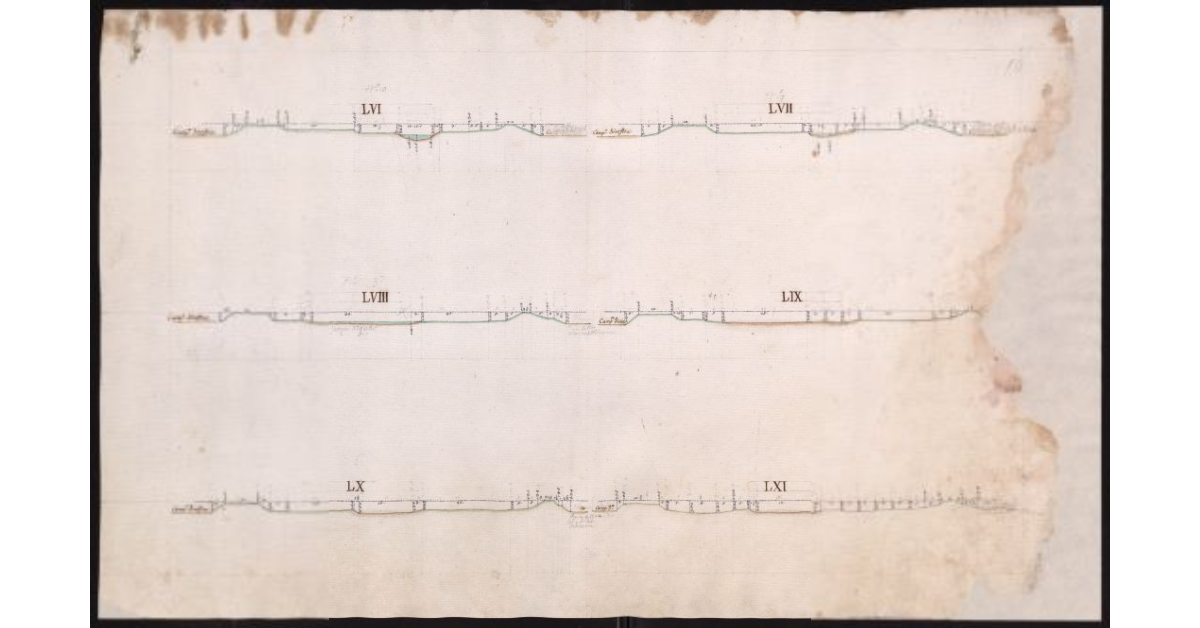 Sezioni delllo Zannone, del Fosso Reale e del Calambrone, che fissano lo stato dell'alveo, degli argini e della campagna adiacente ai nominati Canali, in cui si riducono tutte l'acque del Valdarno Pisano, come era nel tempo della visita generale eseguita nel 1773 dal Dottore Pietro Ferroni Matematico di S.A.R