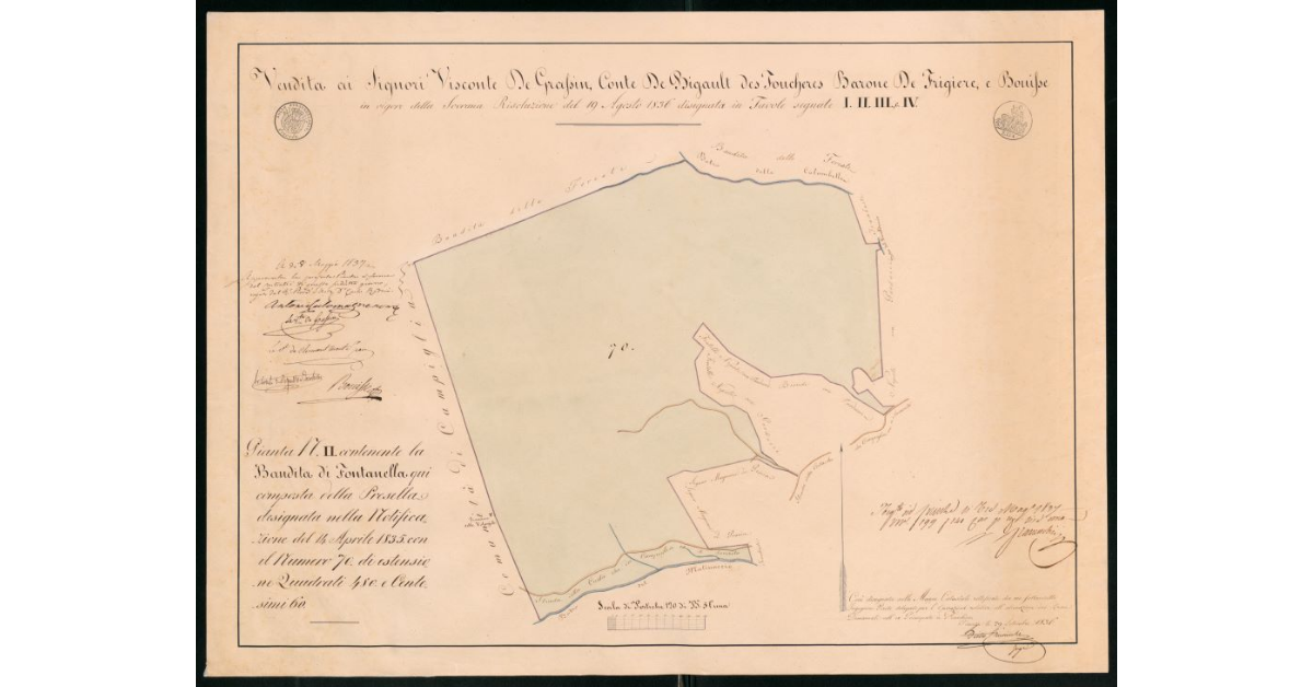 Pianta n.II contenete la Bandita di Fontanella qui composta della Presella designata nella Notificazione del 14 aprile 1835 con il numero 70 di estensione Quadrati 480 e Centesimi 60
