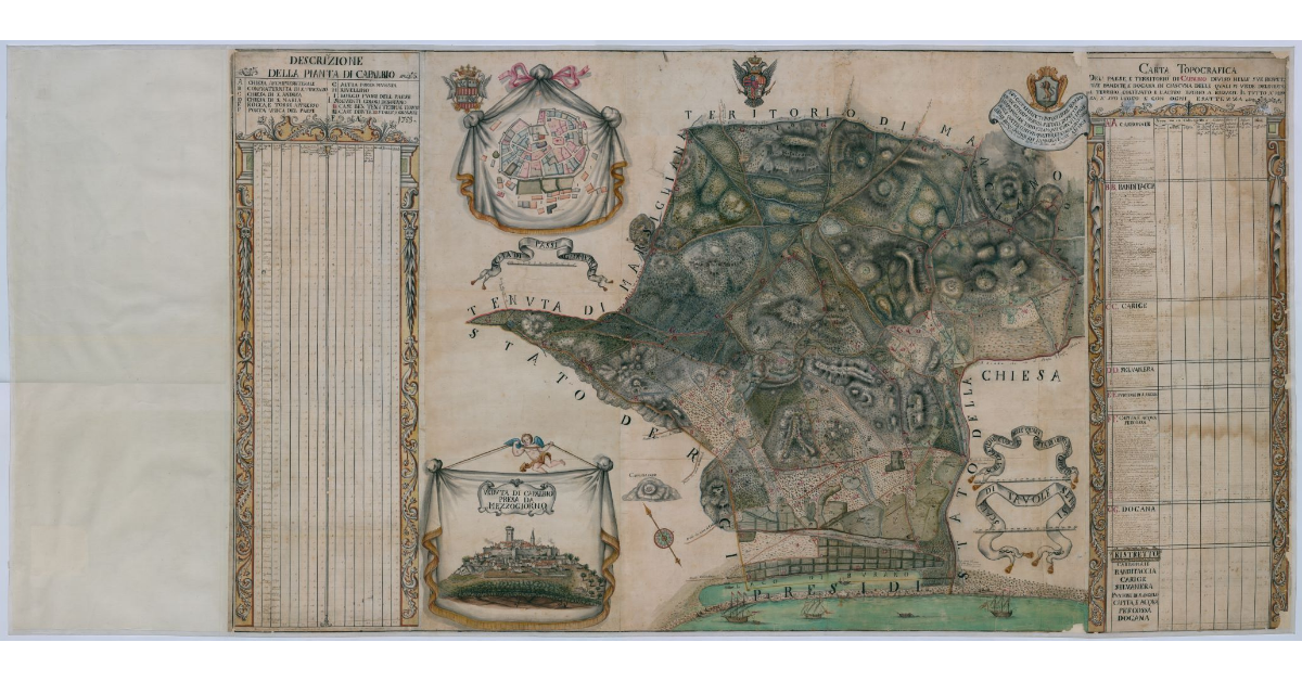 Carta topografica del paese e Territorio di Capalbio diviso nelle sue respettive Bandite, e Dogana in ciascuna delle quali si vede delineato il terreno coltivato e l'altro buono a ridursi. Il tutto a misura, a' suo luogo e con ogni esattezza