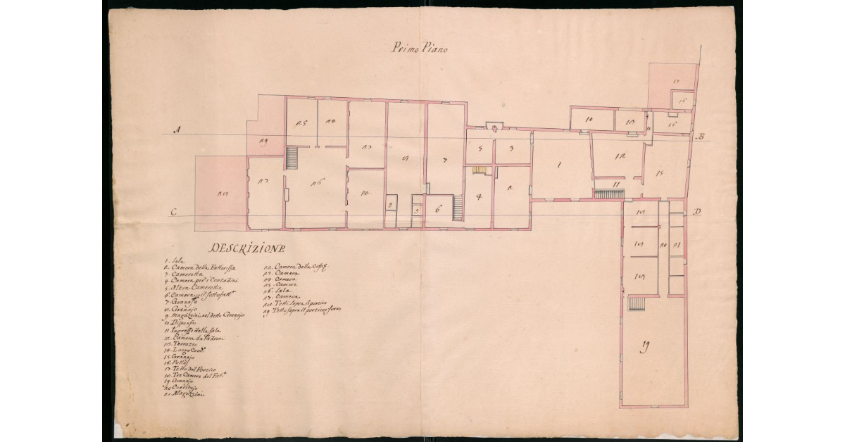 [Pianta del primo piano della casa d'agenzia della fattoria di S.Casciano appartenente al Regio Spedale Nuovo di Pisa]