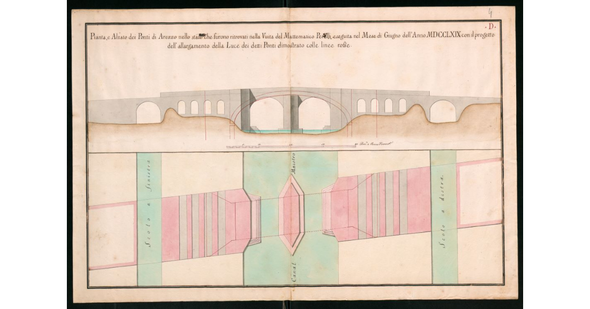 Pianta e Alzato dei Ponti di Arezzo nello stato che furono ritrovati nella visita del Mattematico Perelli eseguita nel mese di Giugno dell'Anno MDCCLXIX con il progetto dell'allargamento della luce dei detti Ponti dimostrato colle linee rosse