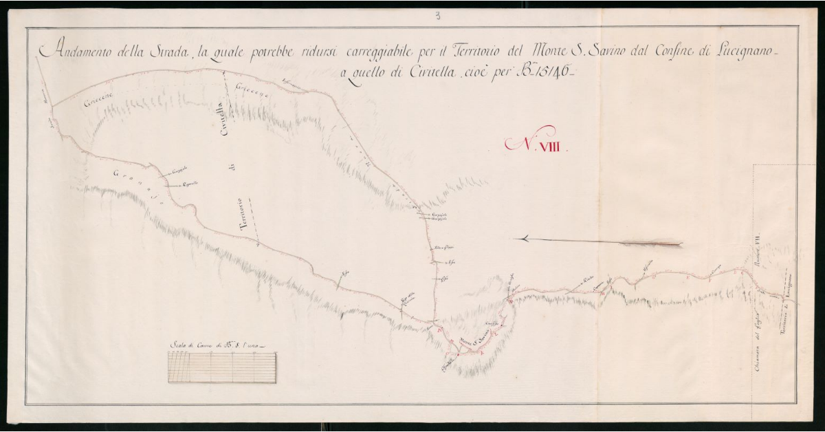 Andamento della Strada, la quale potrebbe ridursi carreggiabile per il Territorio del Monte S.Savino dal confine di Lucignano a quello di Civitella, cioè per Braccia 15146