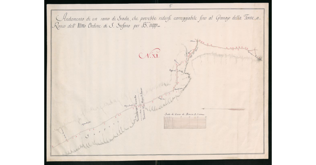 Andamento di un ramo di Strada, che potrebbe ridursi carreggiabile fino al granajo della Fonte a Ronco dell'Ill.mo Ordine di S.Stefano per Braccia 11991