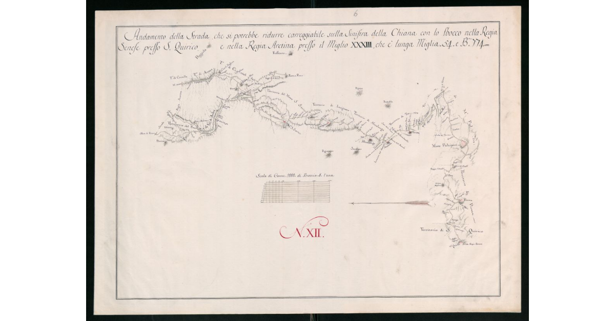 Andamento della Strada, che si potrebbe ridurre carreggiabile sulla sinistra della Chiana con lo sbocco nella Regia Senese presso S.Quirico e nella Regia Aretina presso il Miglio XXXIII, che è lunga Miglia 54 e Braccia 774