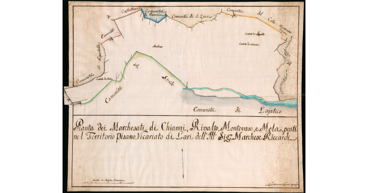 Pianta dei Marchesati di Chianni, Rivalto, Montevaso e Mela, Posti nel Territorio Pisano, Vicariato di Lari dell'Ill.Sig.re Marchese Riccardi