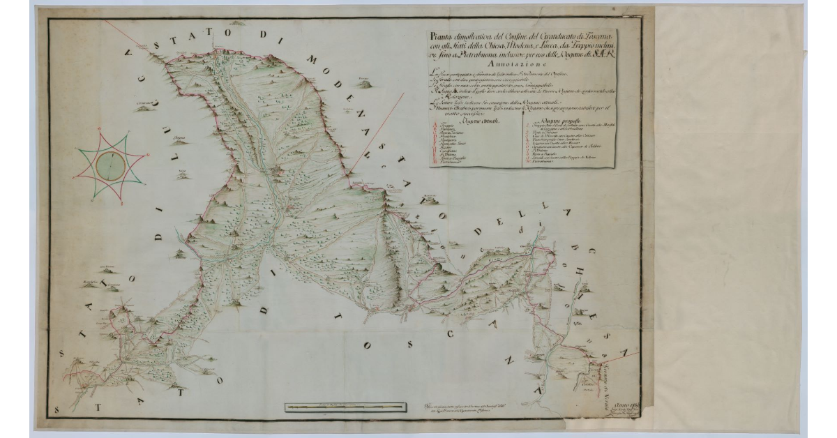 Pianta dimostrativa del confine del Granducato di Toscana con gli Stati della Chiesa, Modena e Lucca, da Treppio inclusive fino a Pietrabuona inclusive, per uso delle dogane di S.A.R