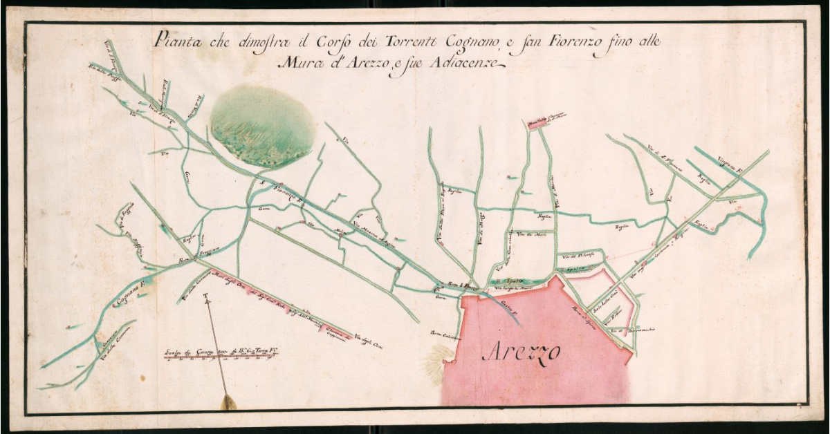 Pianta che dimostra il corso dei Torrenti Cognano e San Fiorenzo fino alle Mura d'Arezzo e sue adiacenze
